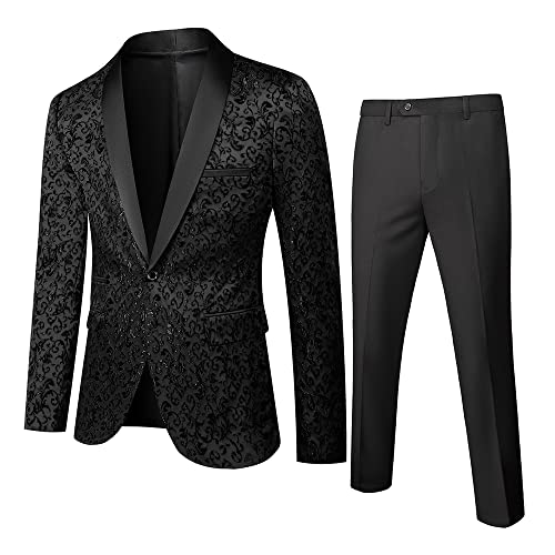 LiveZou Men's Floral Dinner Party Prom Wedding Stylish Tuxedo Coat Suit, Black-2 Piece, Large